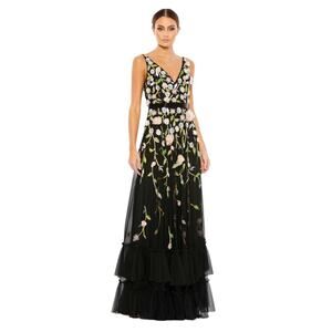 NWT MAC DUGGAL Black Floral Embellished Sleeveless V-Neck Tiered Gown Women’s